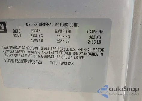 2008 Chevrolet Impala Lt из США, поврежденный, VIN 2G1WT58N281195123